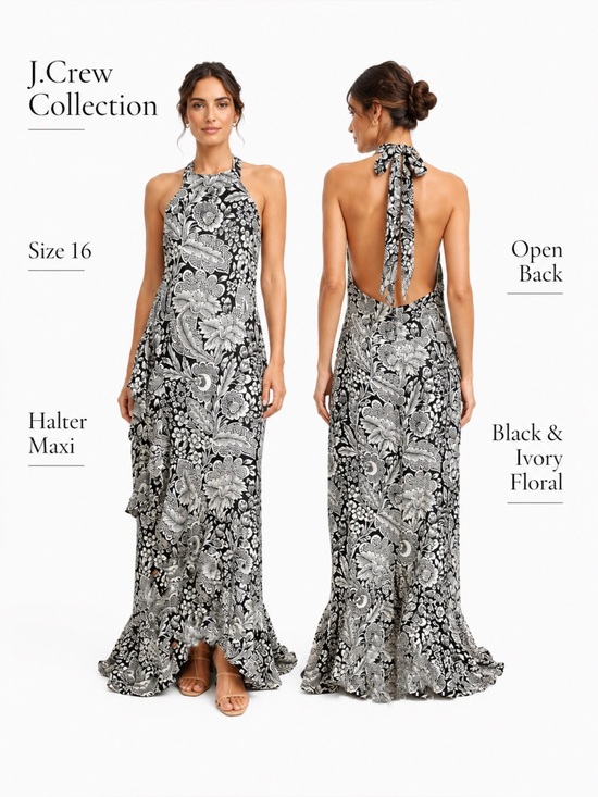 J. Crew Dresses & Skirts - J.Crew Collection Black Ivory Floral Open-Back Halter Maxi Dress Size 16 NWT